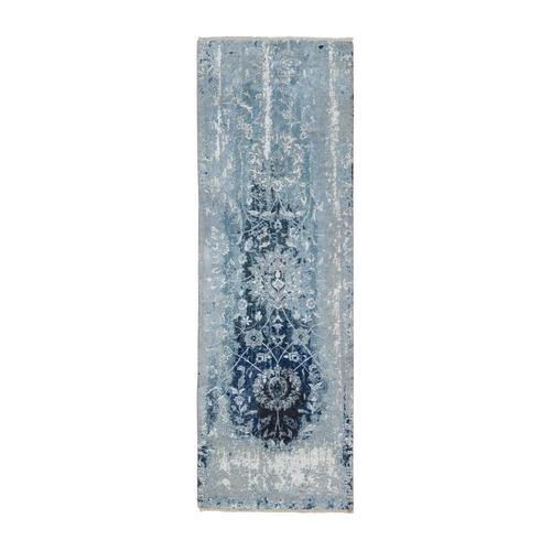Blue-Teal Persian Tabriz Broken Design Wool and Silk Hand Knotted Oriental Runner Rug Blue-Teal Persian Tabriz Broken Design Wool and Silk Hand Knotted Oriental Runner Rug