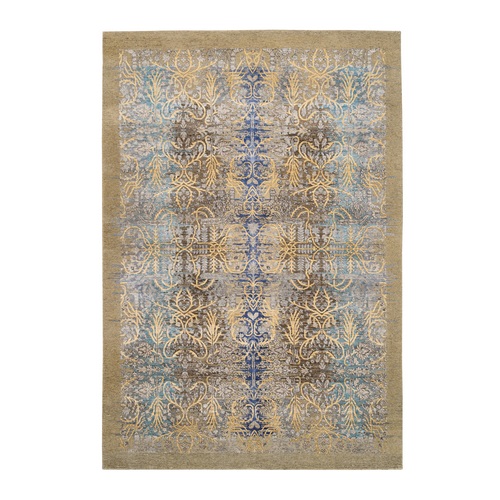 Tan and Chocolate Brown, Transitional Sarouk Silk With Textured Wool Hand Knotted Oriental Rug