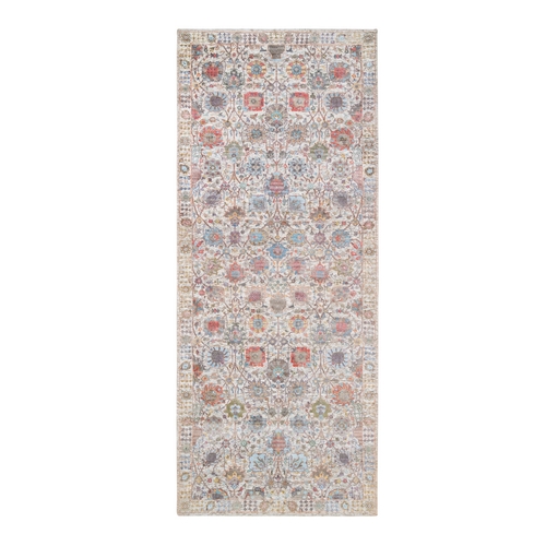 Ivory Tabriz Vase With Flower Design Colorful Silk With Textured Wool Hand Knotted Oriental Runner Rug