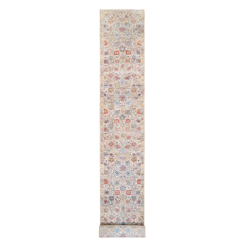Hand Knotted Ivory Tabriz Vase With Flower Design Colorful Silk With Textured Wool Oriental XL Runner Rug