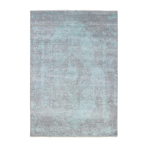Seafoam Green Broken Persian Design Wool and Pure Silk Hand Knotted Oriental Rug