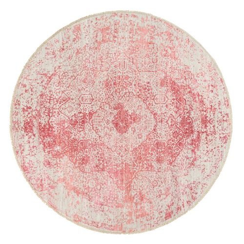 Ivory with Touches of Pink Wool and Pure Silk Hand Knotted Broken Persian Design Oriental Round Rug