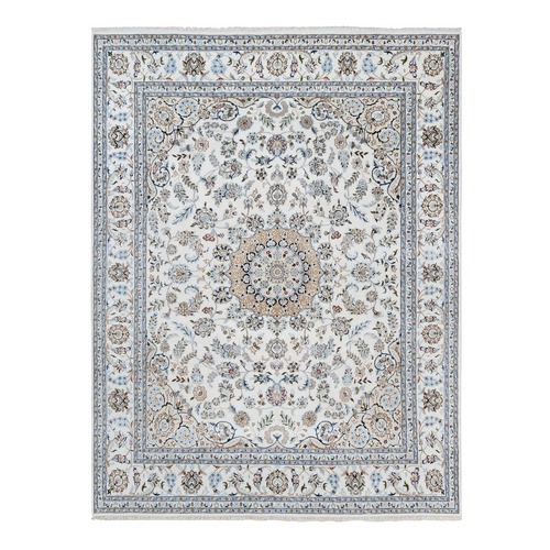Ivory, 250 KPSI Nain with Center Medallion Design, Wool and Silk, Hand Knotted Oriental Rug