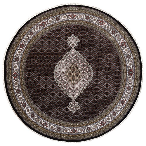 Rich Black, Tabriz Mahi with Fish Medallion Design, 175 KPSI, Hand Knotted, Wool Oriental Round Rug