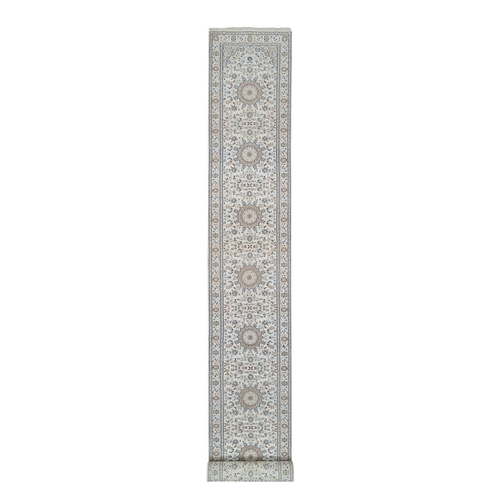 Ivory, Nain with Center Medallion Flower Design, 250 KPSI Wool Hand Knotted, XL Runner Oriental Rug