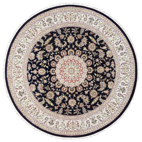 Midnight Blue, Wool and Silk Hand Knotted, Nain with Medallion and Flower Design 250 KPSI, Round Oriental Rug