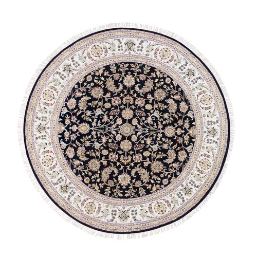Midnight Blue, Nain All Over Flower Design, 250 KPSI Wool Hand Knotted, Round Oriental Rug