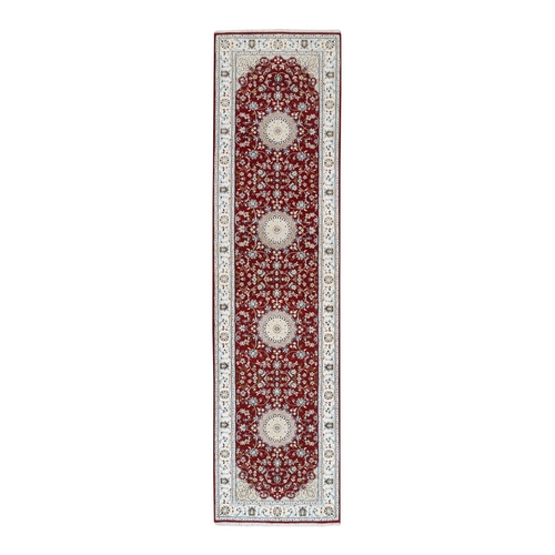 Cherry Red, Hand Knotted Nain with Medallion and Flower Design, 250 KPSI Wool, Runner Oriental Rug
