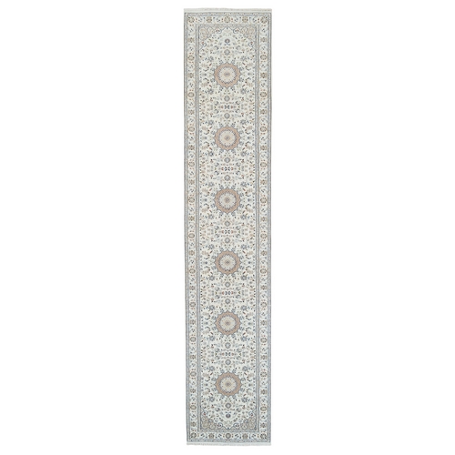 Ivory, Nain with Center Medallion Flower Design, 250 KPSI Wool Hand Knotted, Runner Oriental 