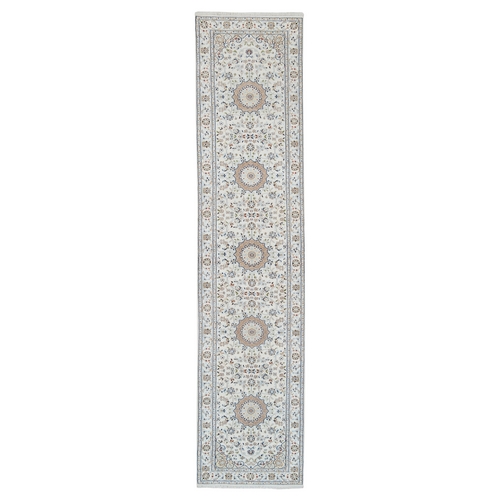 Ivory, Hand Knotted Nain with Center Medallion Flower Design, 250 KPSI Pure Wool, Runner Oriental Rug