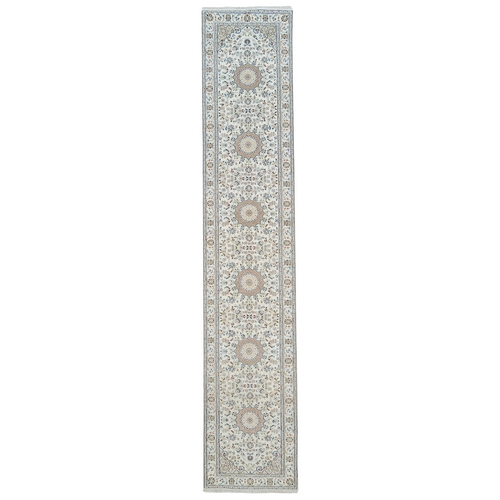 Ivory, Hand Knotted Nain with Center Medallion Flower Design, 250 KPSI Wool, Runner Oriental Rug