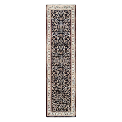 Midnight Blue, 250 KPSI Wool Hand Knotted, Nain All Over Flower Design, Runner Oriental Rug