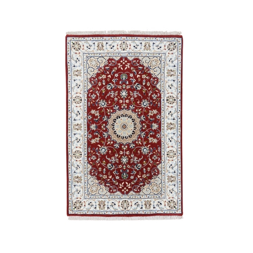 Cherry Red, Nain with Medallion and Flower Design, 250 KPSI Wool and Silk Hand Knotted, Oriental Rug