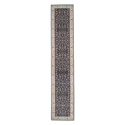 Midnight Blue, Nain All Over Design, 250 KPSI Wool and Silk Hand Knotted, Runner Oriental Rug
