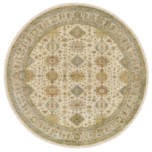 Ivory, Karajeh Design with Soft Colors, Hand Knotted, Pure Wool Oriental Round Rug