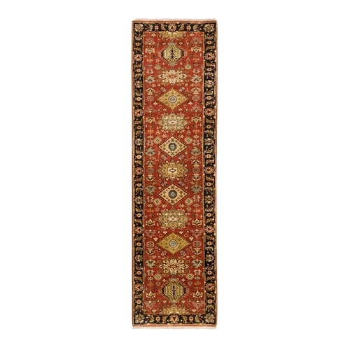 Brick Red, Karajeh Design with Bold Colors, Soft Wool Hand Knotted, Runner Oriental Rug