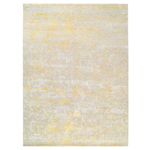 Gold, Abstract Design, Hi-Low Pile, Wool and Silk, Hand Knotted, Oriental Rug