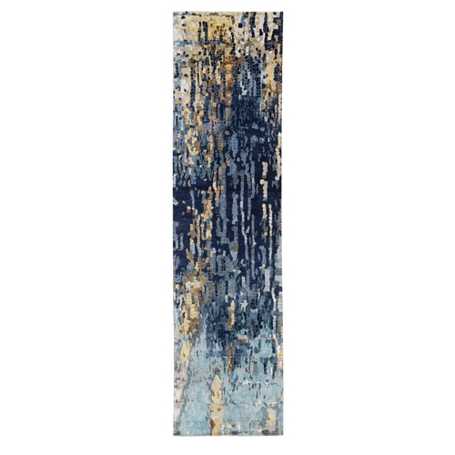 Denim Blue with Mix of Gold, Mosaic Design, Hand Knotted, Wool and Silk, Runner Rug