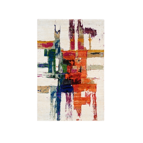 Colorful, Wool and Sari Silk, Hand Knotted, Modern Abstract Motifs, Oriental Rug