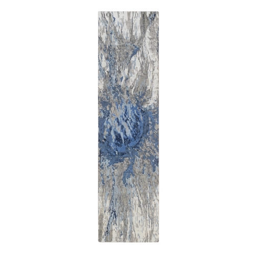 Denim Blue, Abstract Design, Hi-low Pile, Wool and Art Silk, Hand Knotted, Oriental, Runner Rug