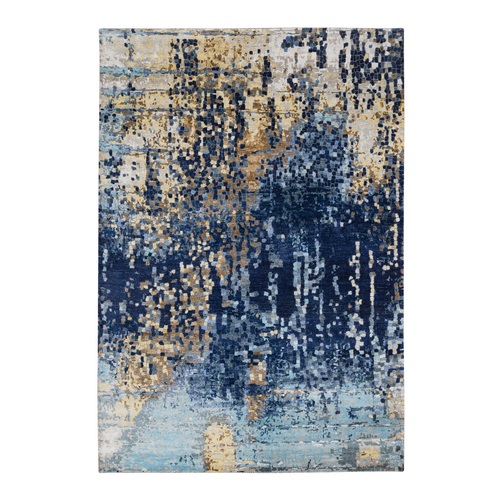 Denim Blue with Mix of Gold, Mosaic Design Wool and Silk, Hand Knotted Oriental Rug
