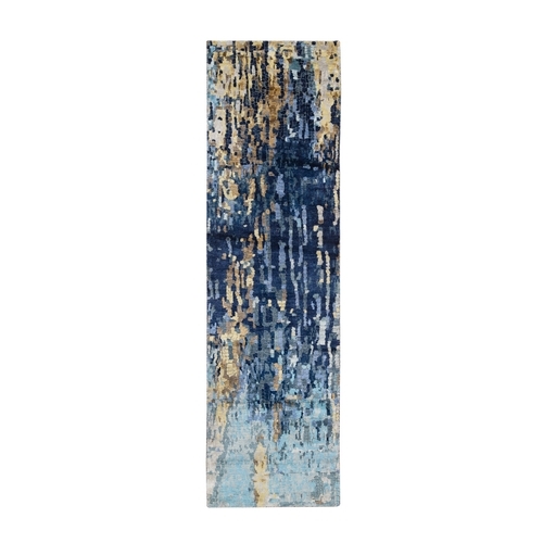 Denim Blue with Mix of Gold, Hand Knotted, Mosaic Design Wool and Silk, Runner Oriental Rug