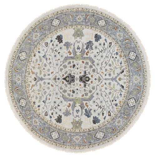 Light Gray, Denser Weave Oushak with Floral Motifs Organic Wool Oriental, Hand Knotted, Round Rug