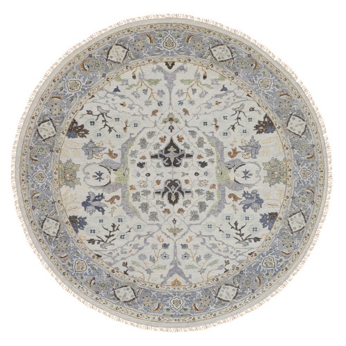 Light Gray, Hand Knotted Denser Weave, Oushak with All Over Motifs Extra Soft Wool, Round Oriental Rug