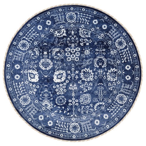 Wool and Silk Denim Blue Tone On Tone Tabriz with All Over Motifs Hand Knotted Oriental Round Rug