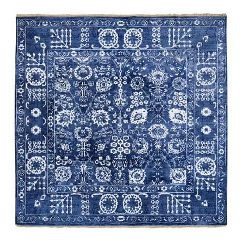 Wool and Silk Denim Blue Tone On Tone Tabriz with Soft Colors Hand Knotted Oriental Square 
