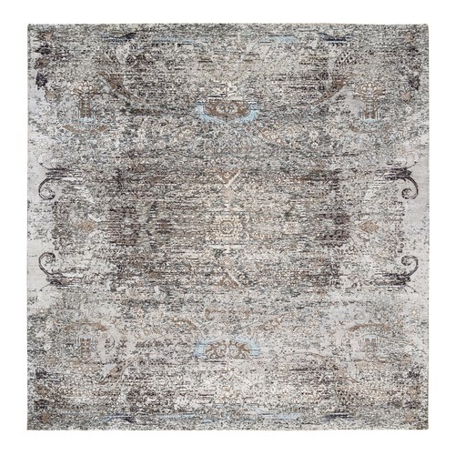 Gray, Hand Knotted, Modern, Transitional Persian Influence Erased Medallion Design, Silk with Textured Wool, Oriental, Square Rug
