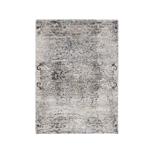 Gray, Modern, Transitional Persian Influence Erased Medallion Design, Silk with Textured Wool, Hand Knotted, Oriental Rug