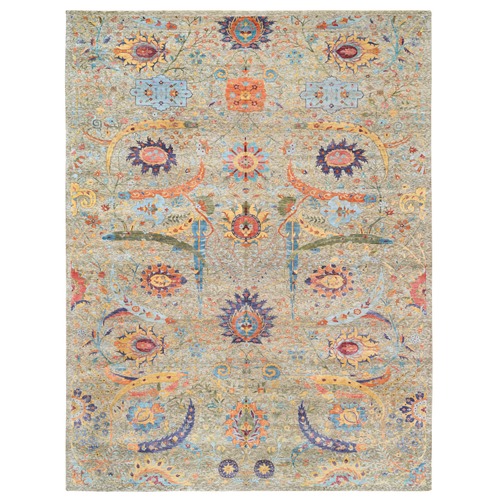 Tan, Sickle Leaf Design, Silk With Textured Wool, Hand Knotted, Oriental, Oversized Rug
