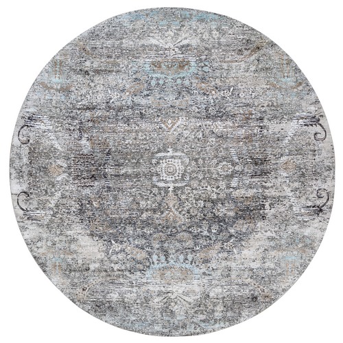 Gray, Silk with Textured Wool, Hand Knotted, Modern, Transitional Persian Influence Erased Medallion Design, Oriental, Round Rug