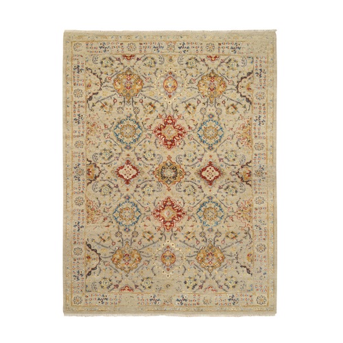 Beige, Hand Knotted, THE SUNSET ROSETTES with Soft Colors, Wool and Pure Silk, Oriental Rug