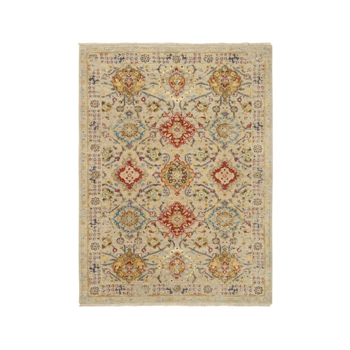 Beige, Wool and Pure Silk, Hand Knotted, THE SUNSET ROSETTES with Colorful Motifs, Oriental, Rug