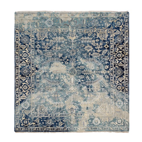 Navy Blue, Broken Persian Heriz Erased Design Wool and Silk, Hand Knotted, Square Oriental Rug