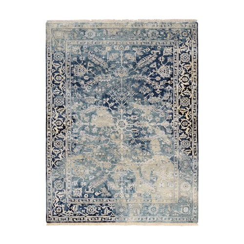 Navy Blue, Broken Persian Heriz Erased Design, Wool and Silk Hand Knotted Oriental Rug