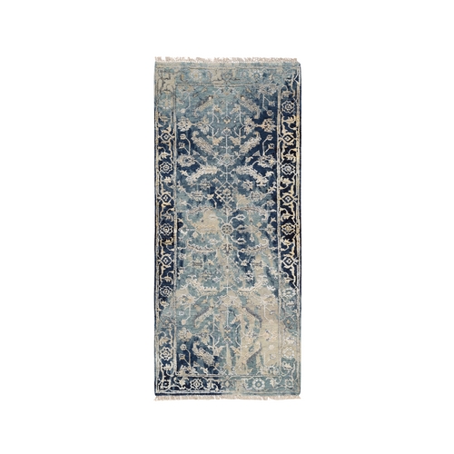 Navy Blue, Broken Persian Heriz Erased Design, Hand Knotted, Wool and Silk, Runner Oriental Rug