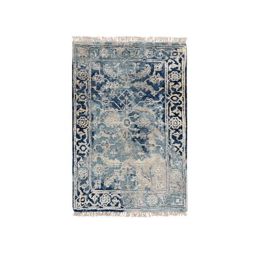 Navy Blue, Broken Persian Heriz Erased Design, Hand Knotted, Wool and Silk, Mat Oriental Rug