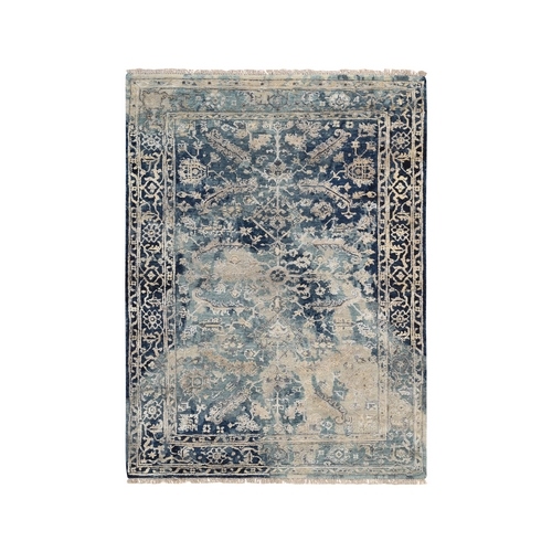 Navy Blue, Broken Persian Heriz Erased Design Wool and Silk, Hand Knotted, Oriental Rug