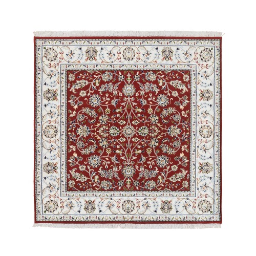 Cherry Red, Hand Knotted Nain with All Over Flower Design, 250 KPSI Wool, Square Oriental Rug