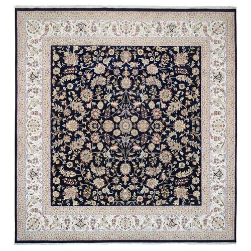 Midnight Blue, Wool Hand Knotted, Nain All Over Flower Design 250 KPSI, Squarish Oriental Rug