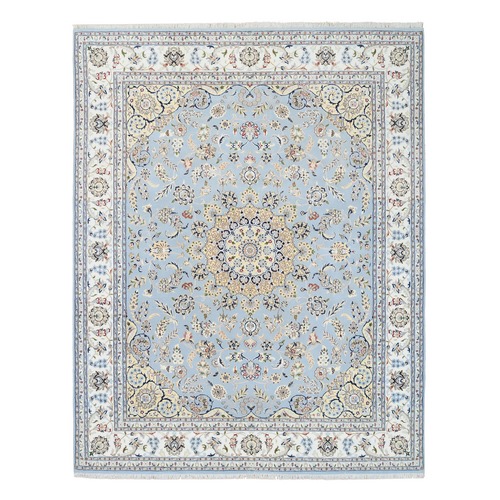 Light Blue, Nain with Medallion and Flower Design, 250 KPSI Wool and Silk Hand Knotted, Oriental Rug
