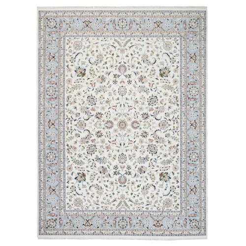 Ivory, Wool and Silk Hand Knotted, Nain with All Over Flower Design 250 KPSI, Oriental Rug