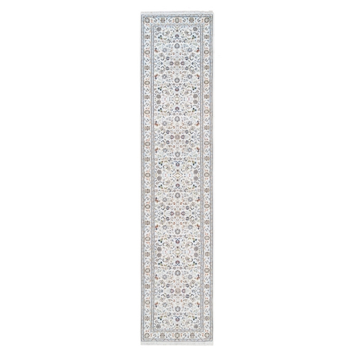 Ivory, Hand Knotted Nain with All Over Design, 250 KPSI Wool and Silk, Runner Oriental Rug