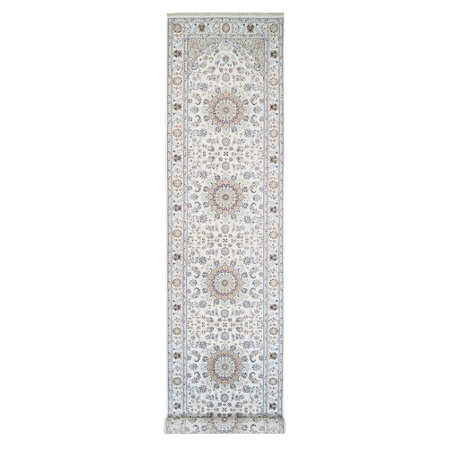 Ivory, 250 KPSI Wool and Silk Hand Knotted, Nain with Center Medallion Design, Wide XL Runner Oriental 