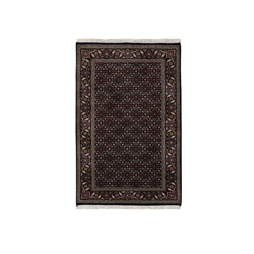 Rich Black Wool and Silk Hand Knotted 175 KPSI Herati with All Over Design Oriental Rug