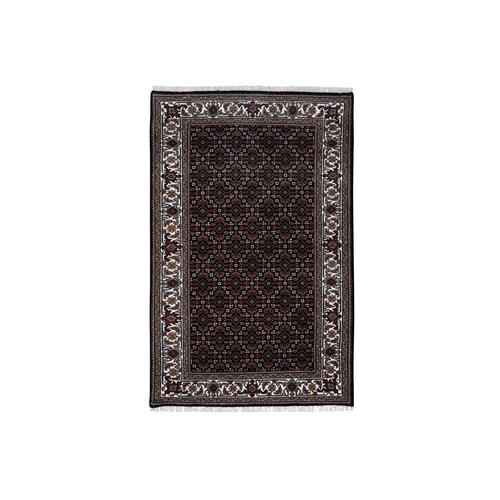 Rich Black Hand Knotted Wool and Silk Herati with All Over Design 175 KPSI Oriental Rug
