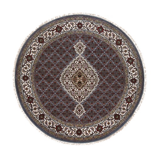 Light Gray Extra Soft Wool and Silk Hand Knotted 175 KPSI Tabriz Mahi with Fish Medallion Design Round Oriental Rug